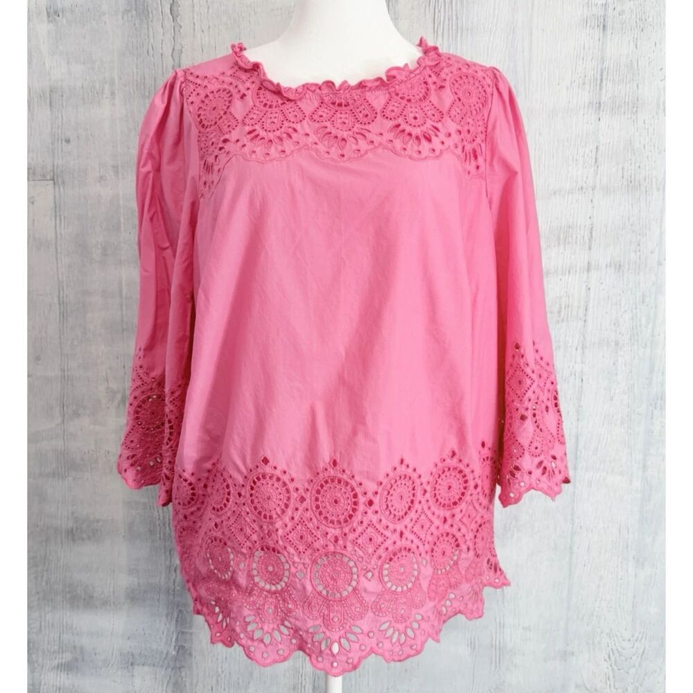 Talbots Pink Eyelet Lace Blouse Womens 1X Cotton Scalloped Hem Boho